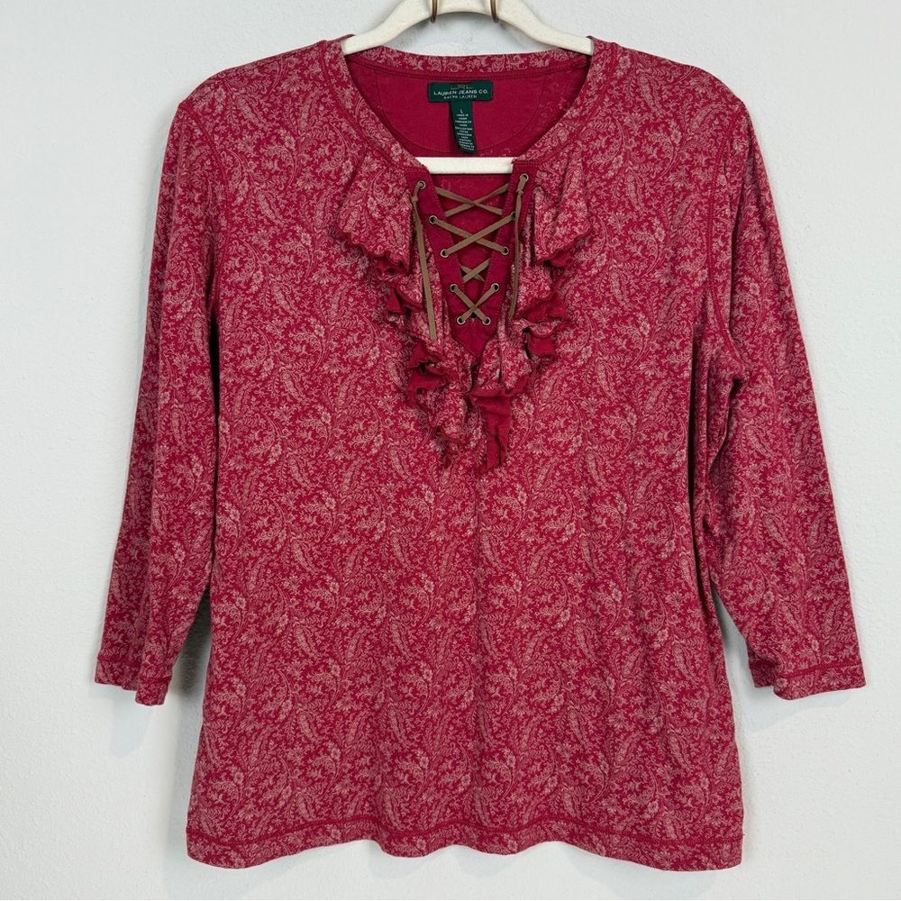 Lauren Ralph Lauren Red Ruffle Leather Lace Up T-shirt L